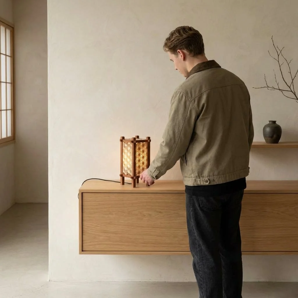 Handgemaakte Yoake-tafellamp met Japans Kumiko-patroon op een houten dressoir. Bart Hanenberg, lithoijen engstraat 1 nederland noord brabant.