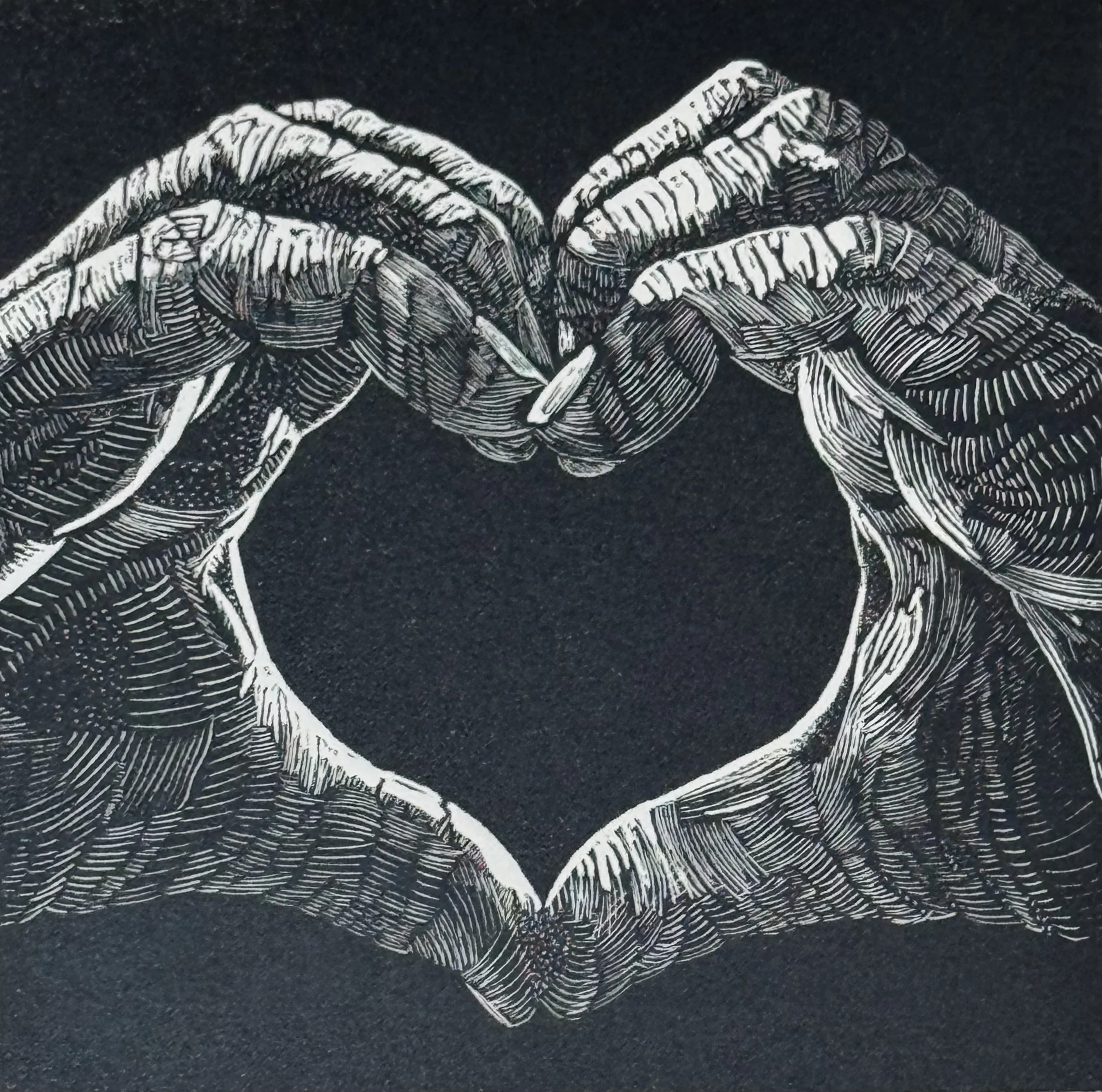 Black-and-white wood engraving of intertwined hands forming the heart you gesture
