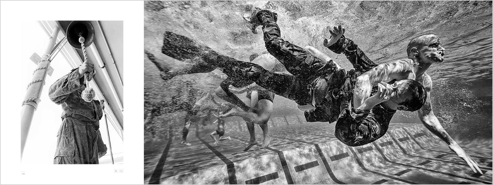 Spread from the book Uncommon Grit. BUD/S student ringing the bell to quite Hell Week training. Underwater lifesaving training.