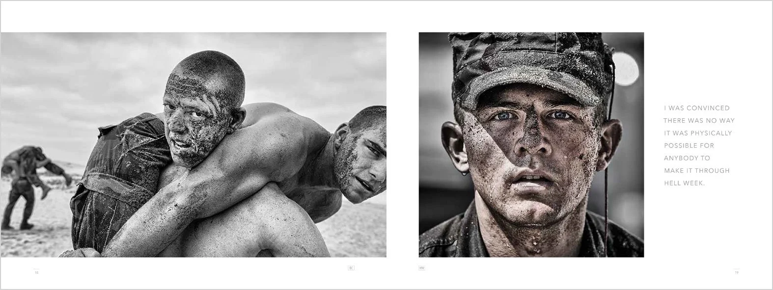 Spread from the book Uncommon Grit. Two soldiers covered in sand, one carrying the other; close-up portrait of a soldier with a sand-covered face wearing a military helmet