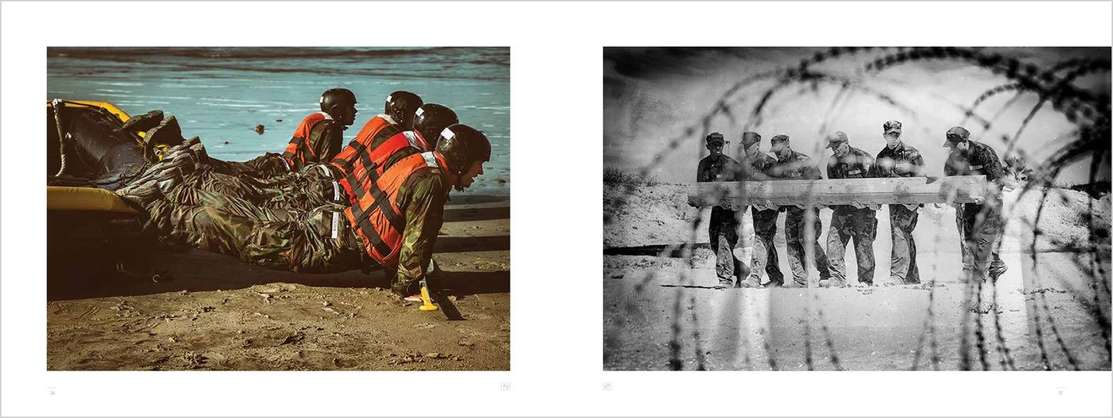 Spread from the book Uncommon Grit. Left side shows soldiers with life vests doing pushups on a beach. Right side shows a group of BUD/S students carrying a log behind barbed wire.