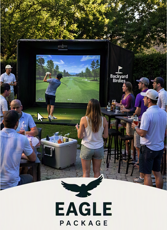 People gathered around a large outdoor screen watching a golf game, with some holding drinks, and a cooler nearby, at an outdoor event with trees in the background. Branding for Backyard Birdies and Eagle Package visible.