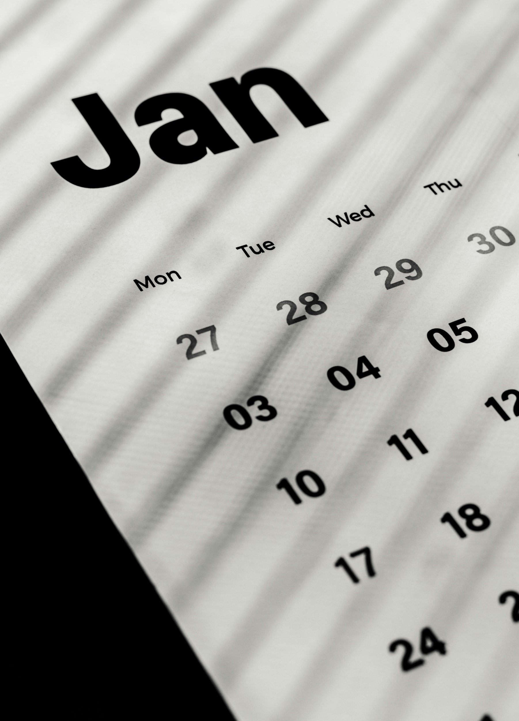 Calendar page showing the month of January with the days of the week and dates displayed, with the focus on the word 'Jan' in large black letters.