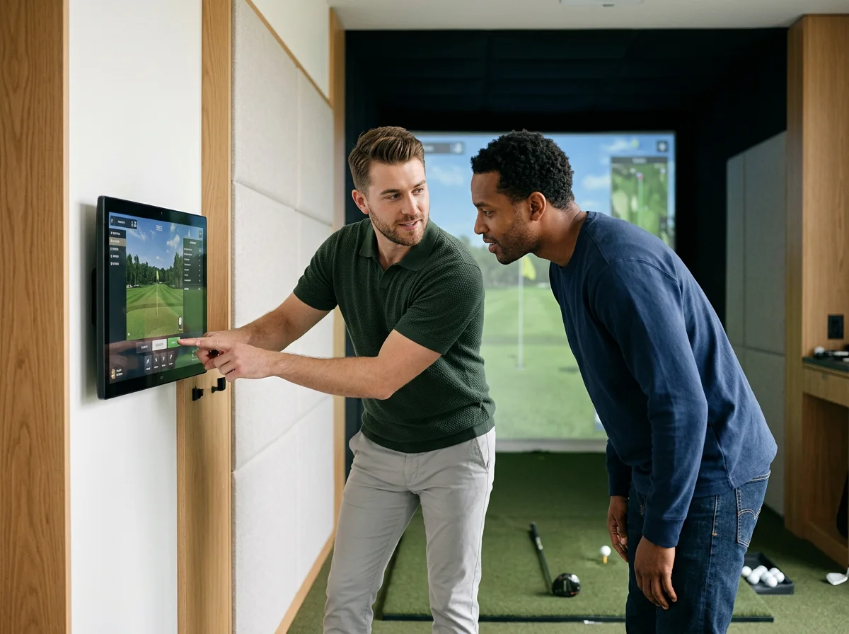 Two men discussing golf projections on a screen inside a golf simulation room, with a projector screen displaying a golf course in the background.