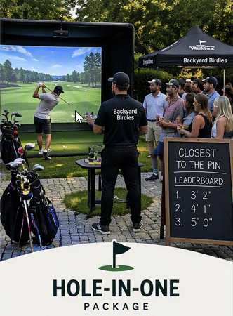 People gathered around a golf simulator booth labeled 'Backyard Birdies' at an outdoor event, with a woman taking a shot and a leaderboard displaying the closest shot distances.