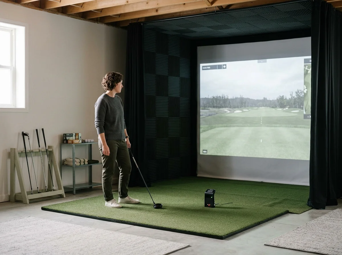 A woman practicing golf indoors on a golf simulator with a projection of a golf course on a large screen.