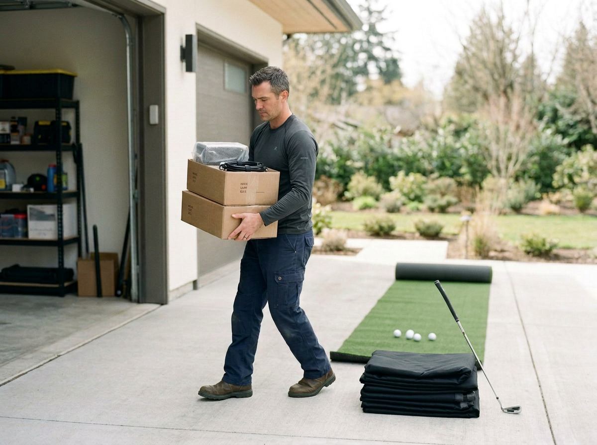 A man carrying boxes outside a garage, with rolls of artificial turf, golf balls, and a golf club set up nearby in a backyard with trees and bushes.