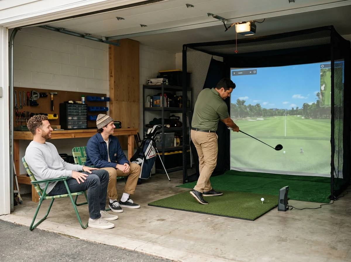 Man practicing golf swing on indoor golf simulator, two men sitting watching in garage with tools and equipment.