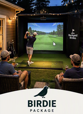 People watching a golf simulation game outdoors at night, some seated with drinks, others playing on a screen labeled 'Backyard Birdies' at a 'Birdie Package' event.