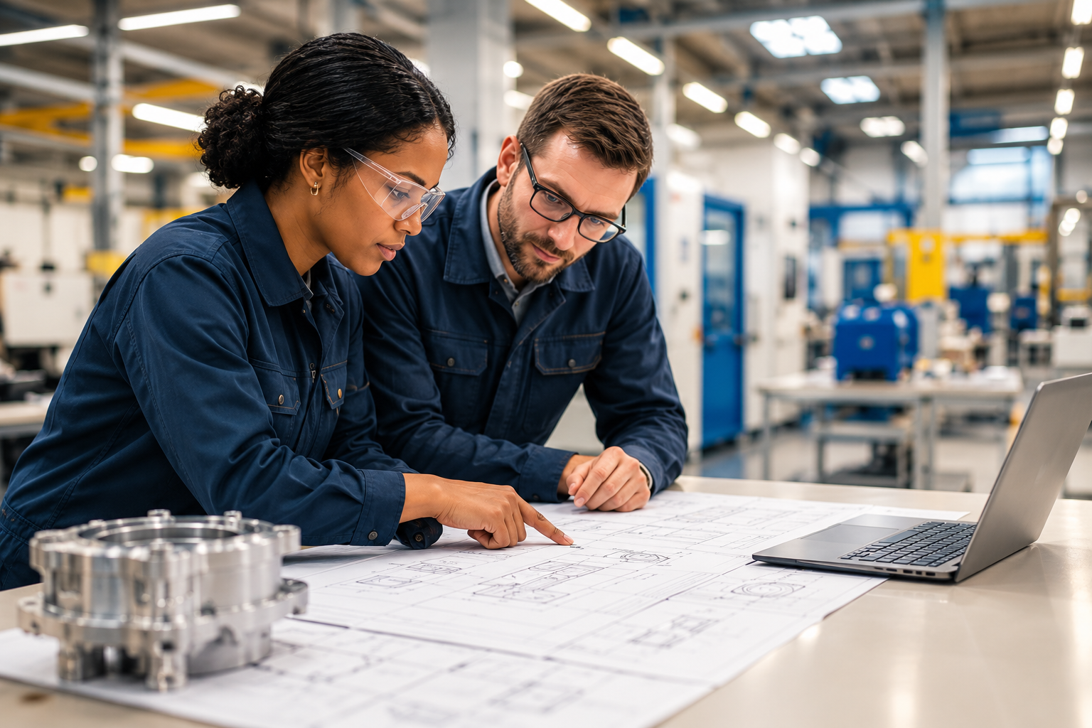 Two industrial engineers reviewing technical blueprints beside a laptop in a manufacturing facility