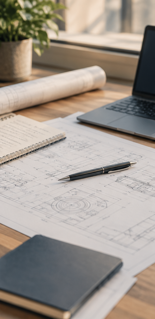 Architectural blueprints with a black pen, spiral notebook, rolled plans, laptop, and plant on a wooden desk