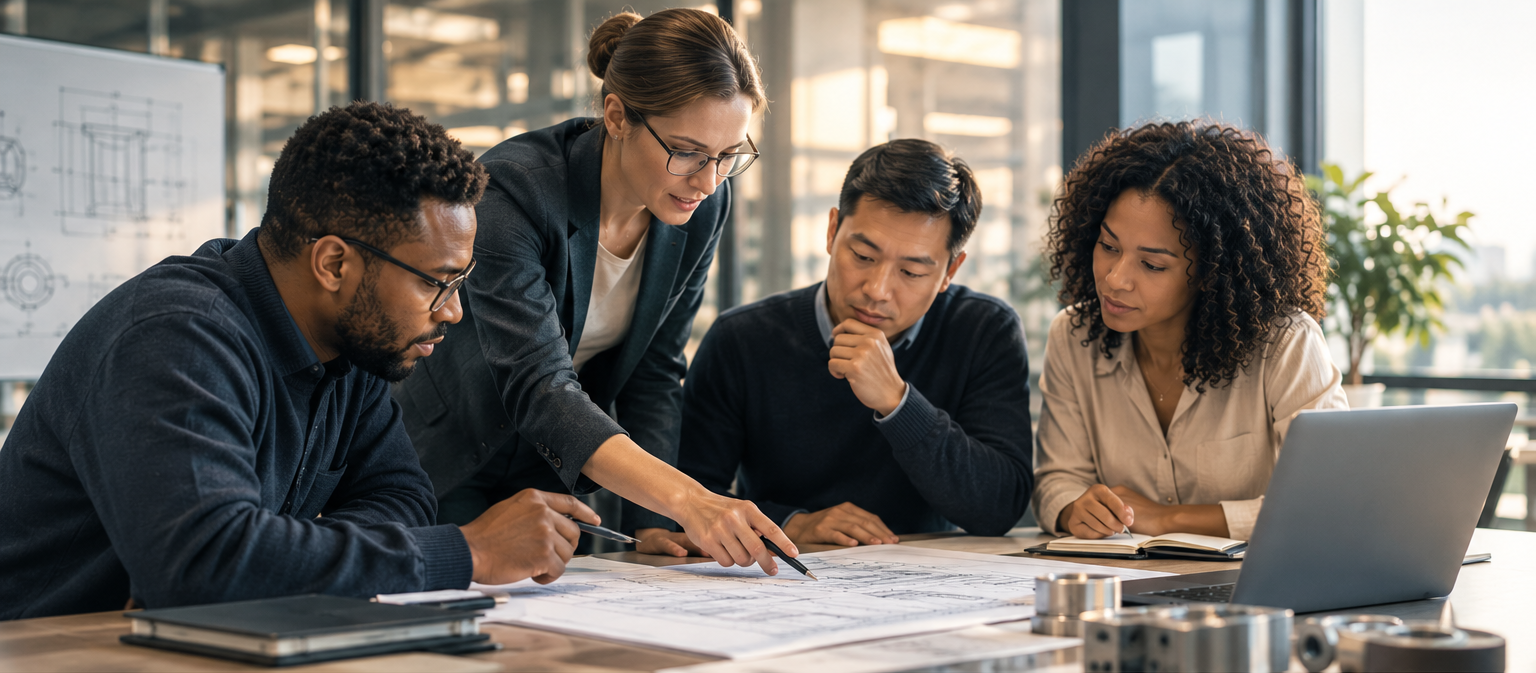 Diverse team of architects collaborating over blueprints in a modern office with a laptop