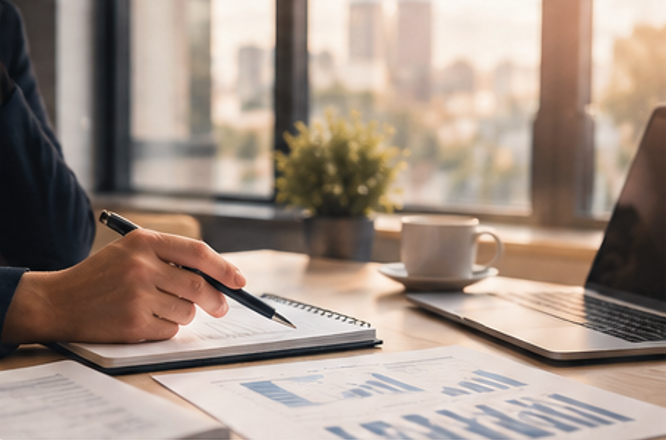 Person reviewing business charts in a notebook beside a laptop and coffee cup at a sunlit office desk