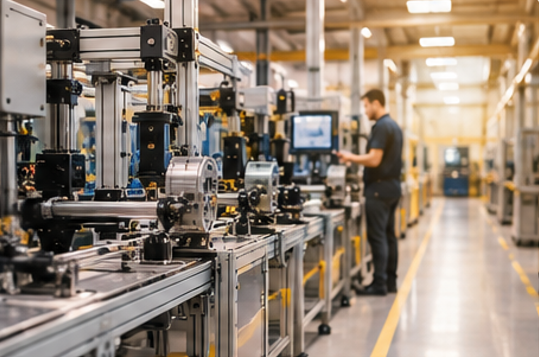 Automated manufacturing assembly line with conveyor machinery and a worker monitoring production equipment