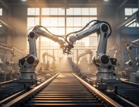Industrial robotic arms working over a factory conveyor line in a sunlit automated manufacturing facility