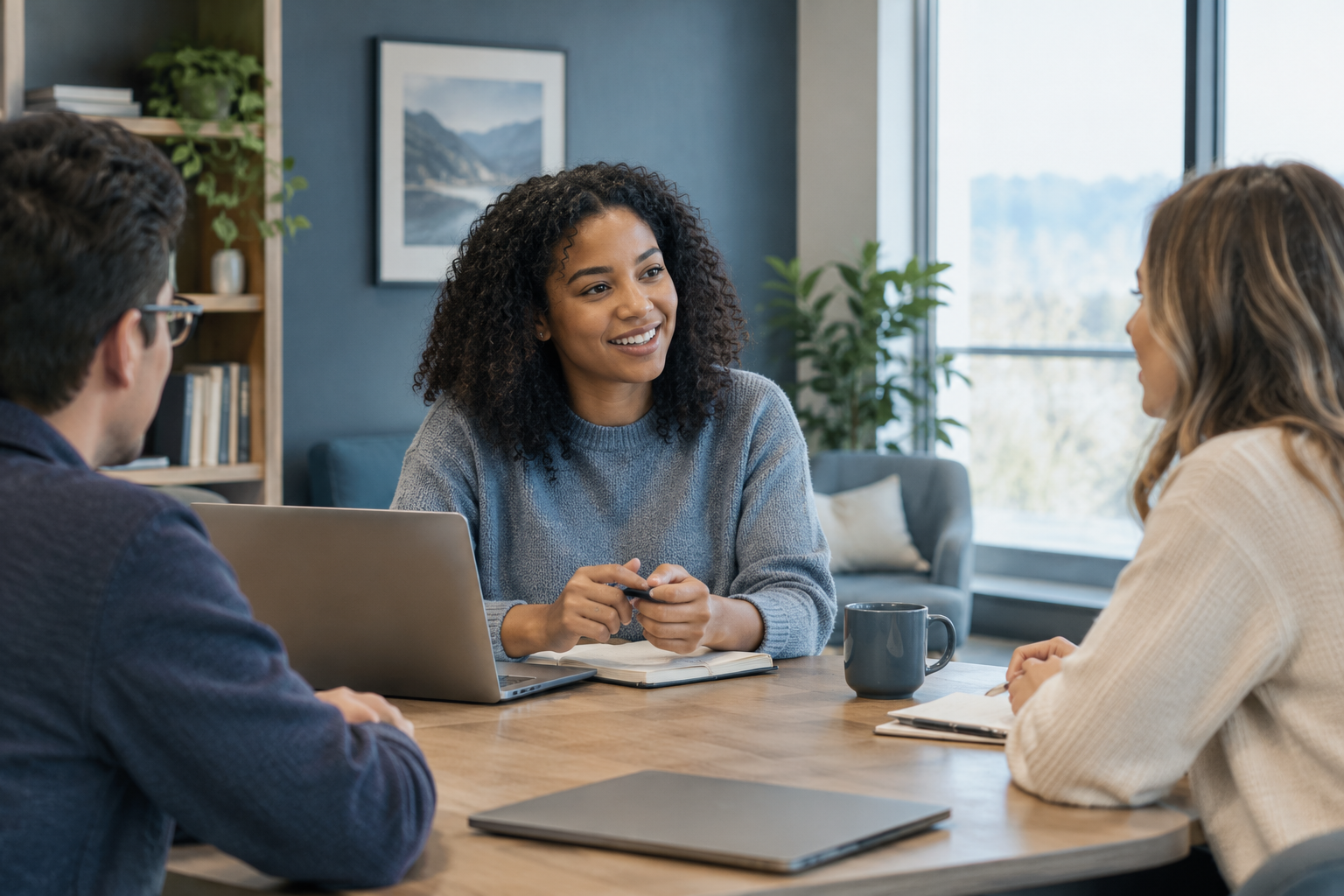 Three coworkers meeting around a table with laptops, notebooks, and coffee in a bright office