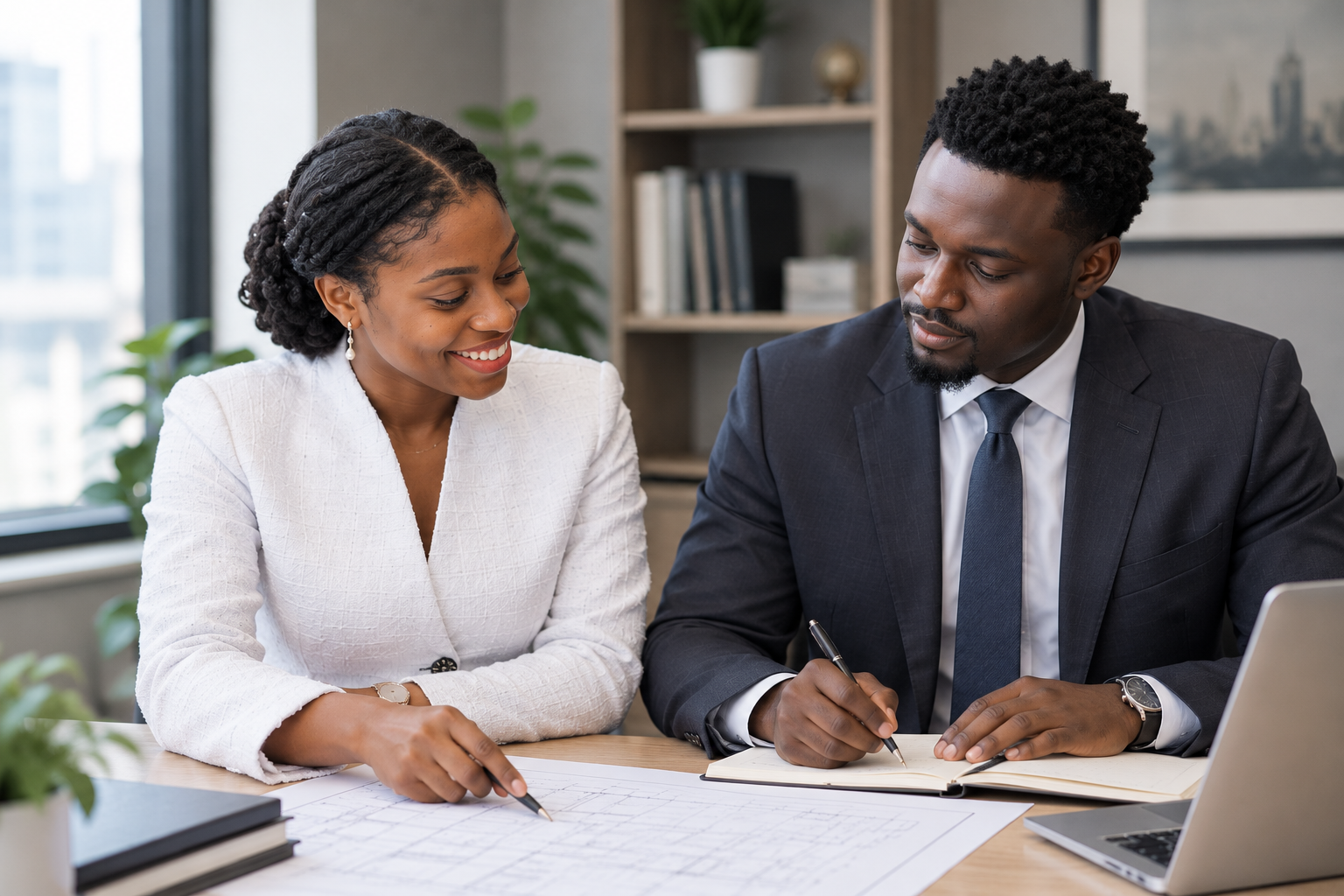 Two Black professionals reviewing architectural plans at a desk with a laptop and notebook