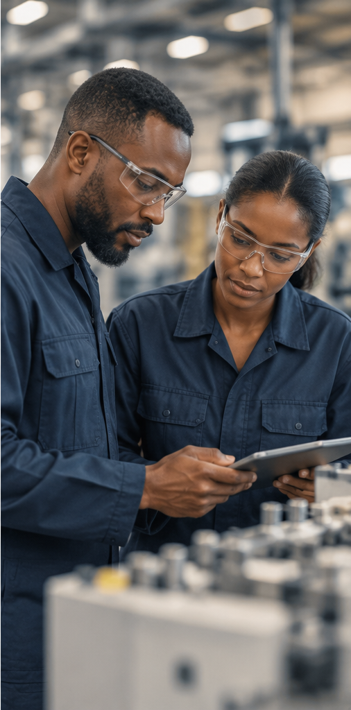 Two Black manufacturing workers wearing safety glasses and navy uniforms review a tablet on a factory floor.
