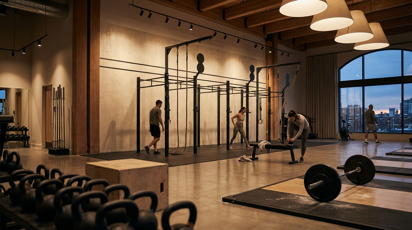 People exercising in a gym with workout equipment, including barbells, kettlebells, and climbing stations, with large windows showing a cityscape at sunset.