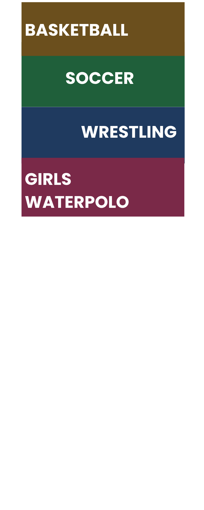 Colorful graphic listing sports activities: basketball, soccer, wrestling, girls water polo.
