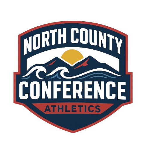 North County Conference Athletics emblem with swimmer, runner, and cyclist figures and a sun in the background.