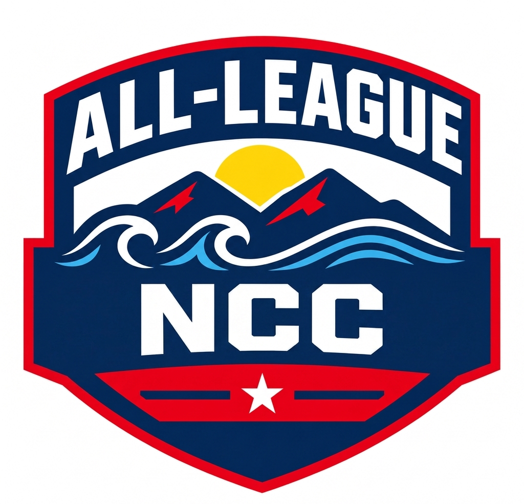 Logo of the All-League NCC featuring mountains with snow, a rising sun, waves, and a star.
