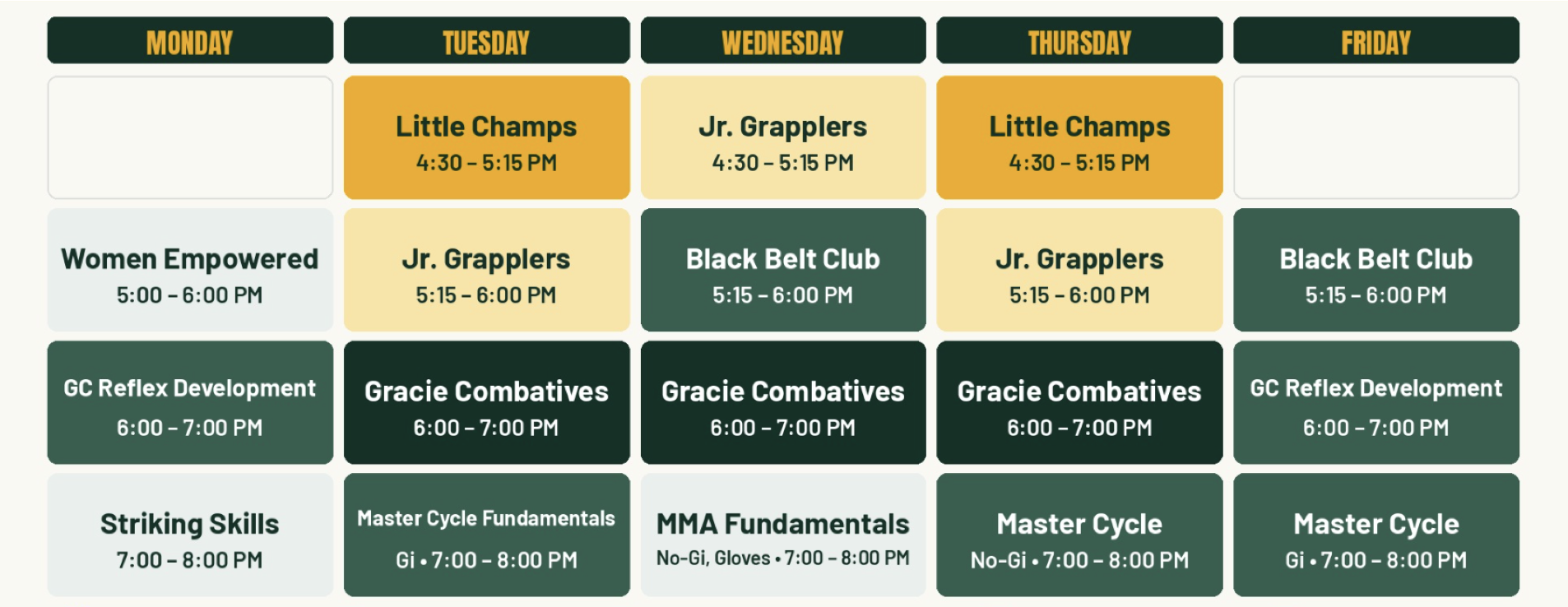 Weekly class schedule for Gracie Jiu-Jitsu Jonesboro programs