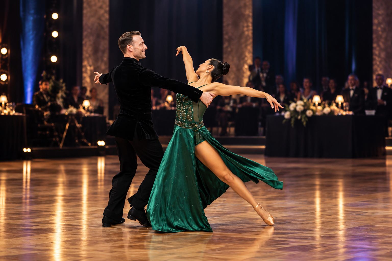 Ballroom partners performing an extended dance pose, with the woman in an emerald green gown
