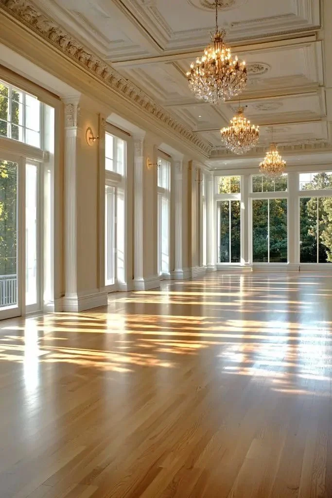 Sunlit ballroom with chandeliers, tall windows, and a polished wood dance floor