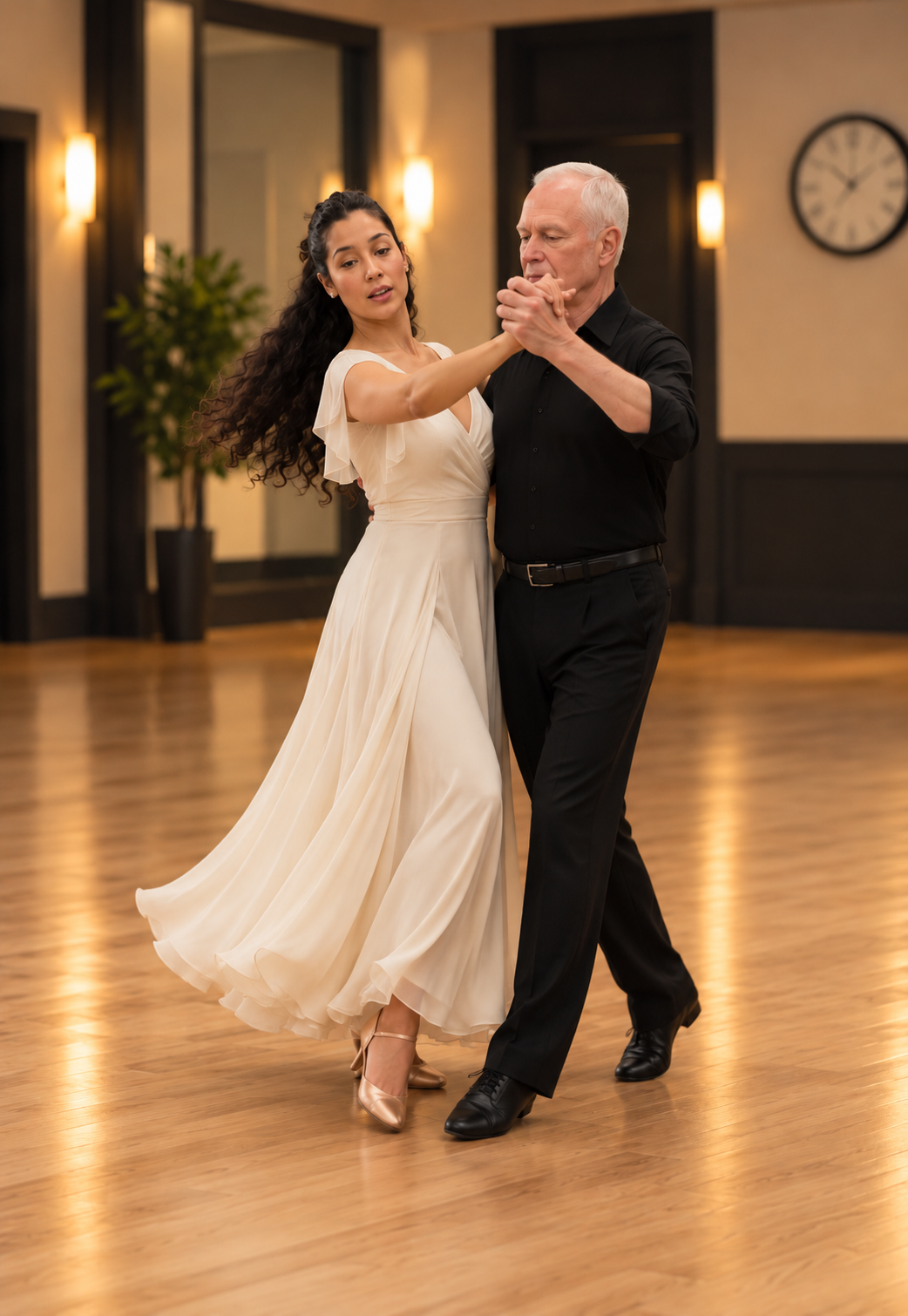 Dance partners practicing a smooth ballroom hold, with the woman in a flowing white dress