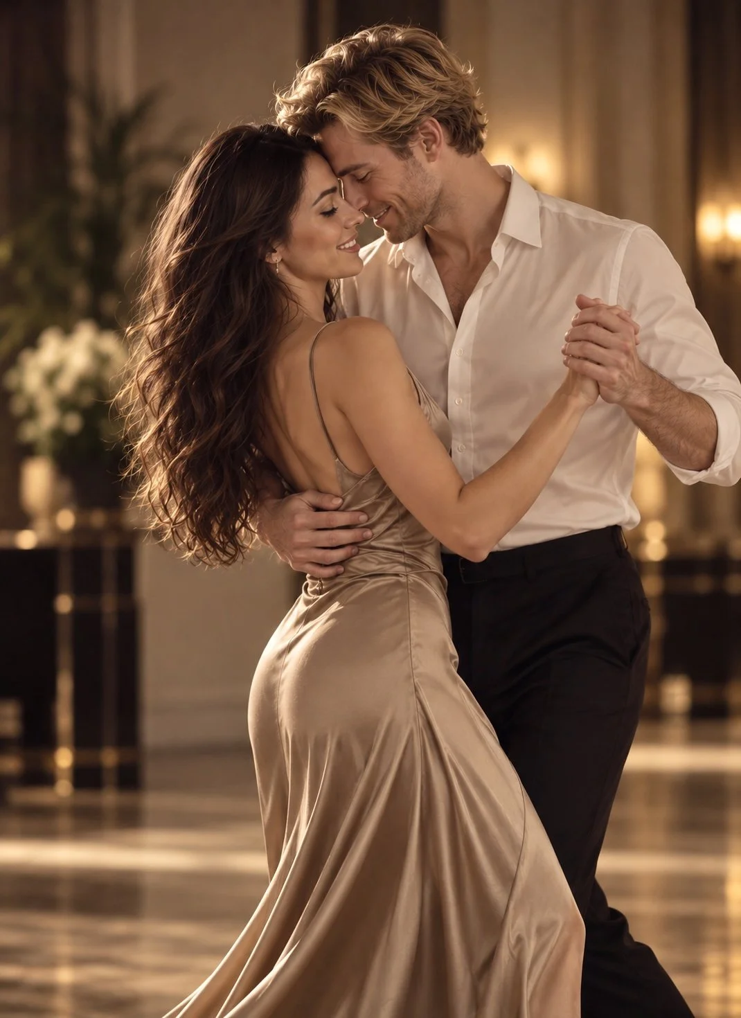 Couple smiling and dancing together in a warmly lit ballroom