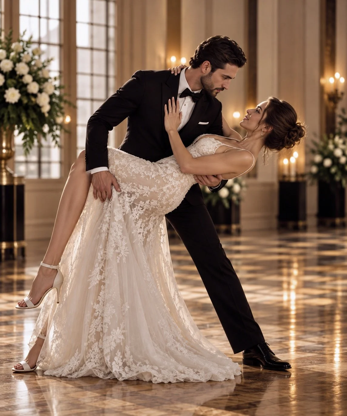 Bride and groom practicing a wedding dance dip in an elegant ballroom