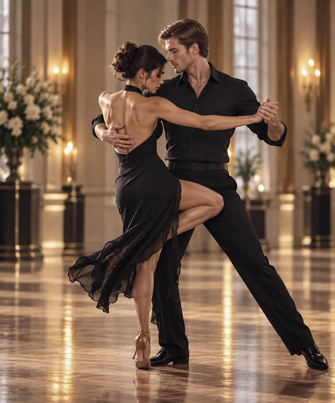 Dance partners in black practicing a close ballroom hold