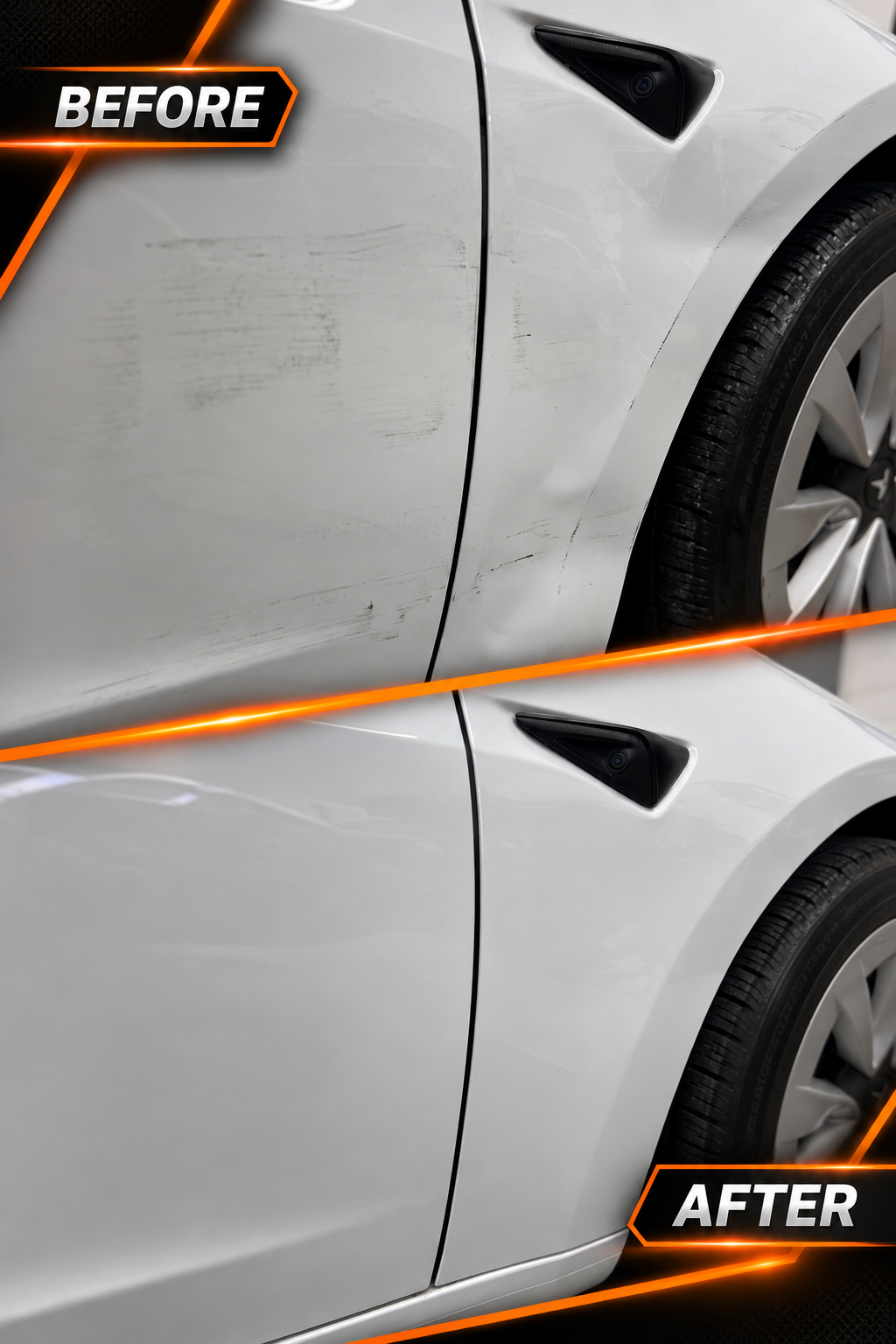 Before and after paintless dent repair on a white car door at Detail Link in Rockville, MD