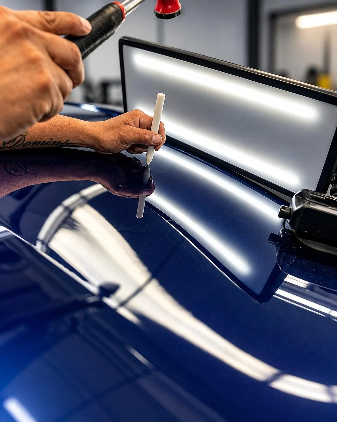 Paintless dent repair on a blue car hood using a reflection light board at Detail Link