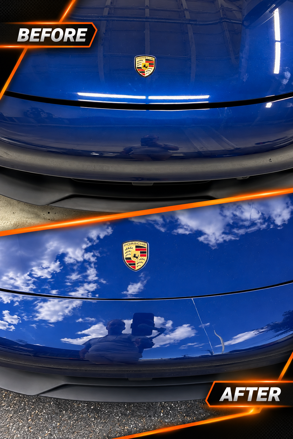 Before and after collision repair on a blue Porsche hood at Detail Link in Rockville, MD