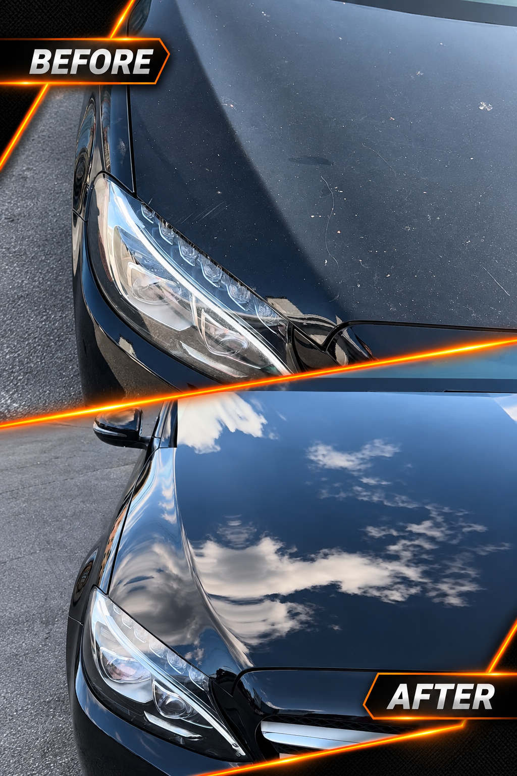 Before and after paint correction on a black car hood at Detail Link in Rockville, MD
