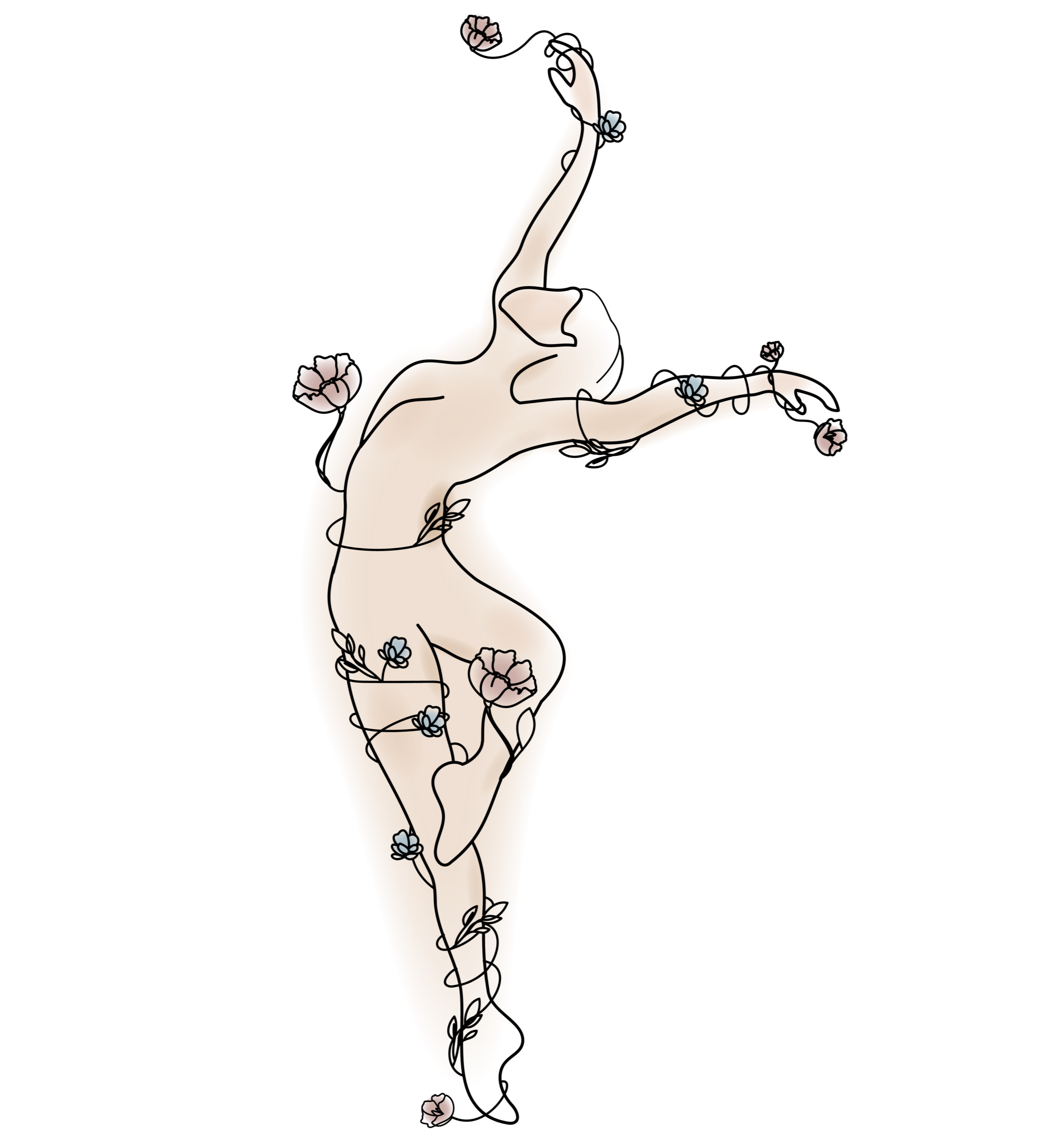 Line drawing of a woman with long hair, flowers and vines decorating her body, stretching from her head to her feet.