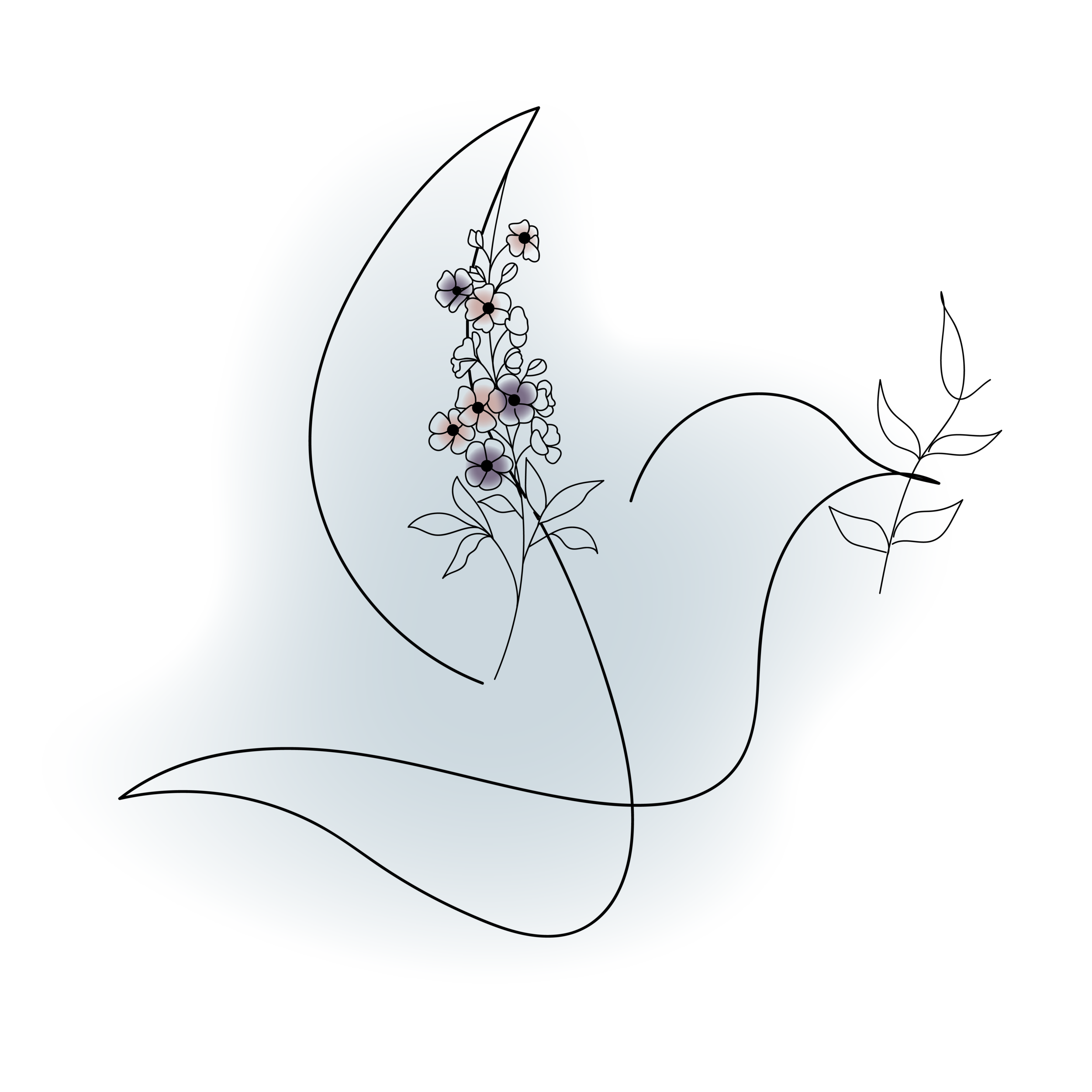 A minimalist digital illustration of a woman with long hair wearing a hat, with a blue background and black line art flowers.