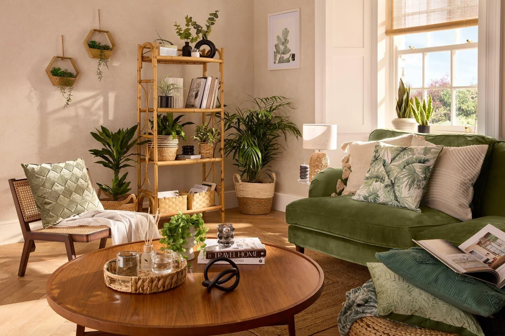 A cozy living room with a green sofa holding patterned and plain pillows, large window with sunlight, bookshelf with plants and books, a small table lamp, and houseplants on the window sill and corner, decorated with framed wall art and woven baskets.