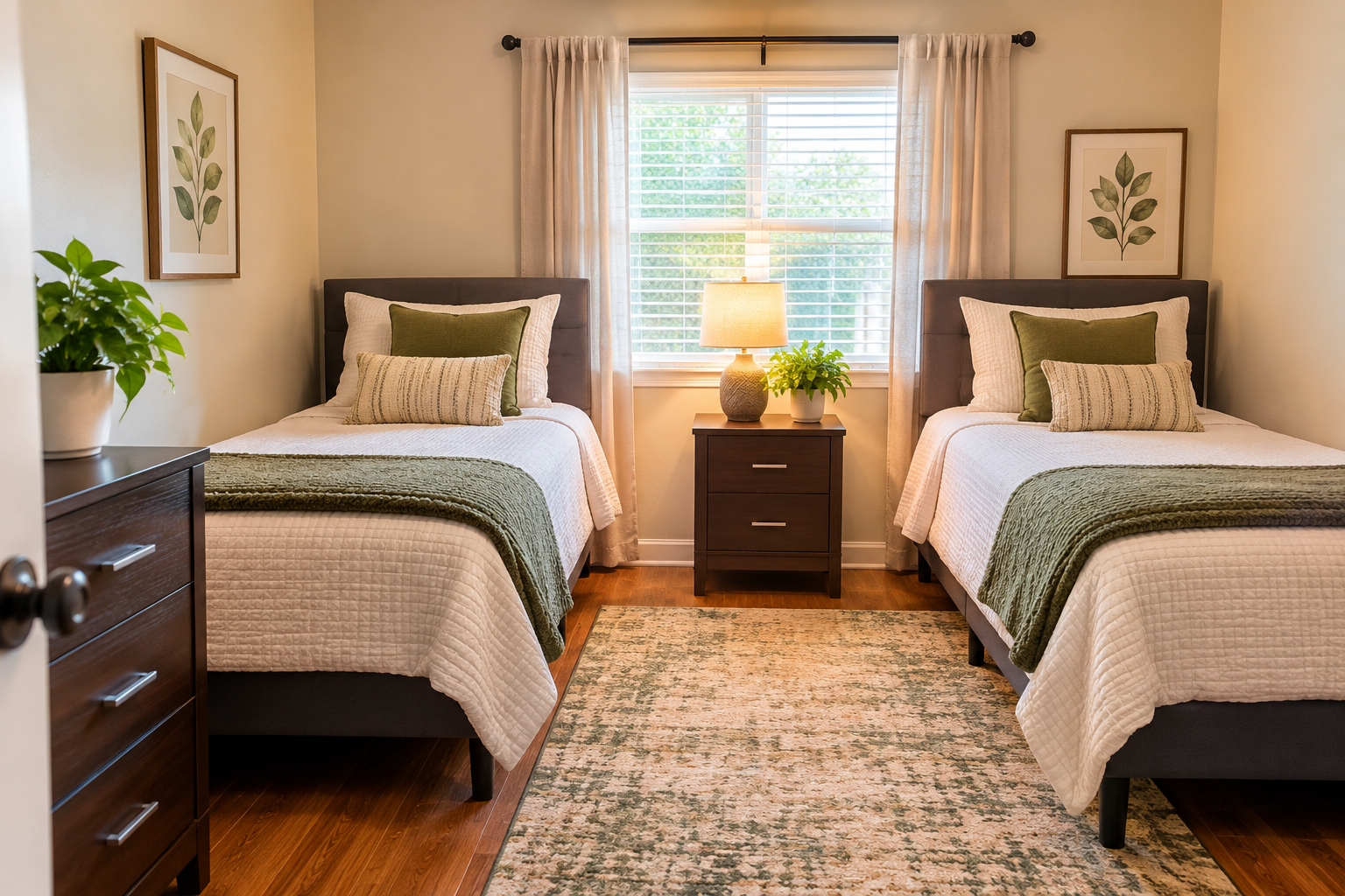 Bedroom with two twin beds with white and green bedding, a wooden nightstand with a lamp and plant between the beds, framed leaf artwork on the walls, and a window with white curtains