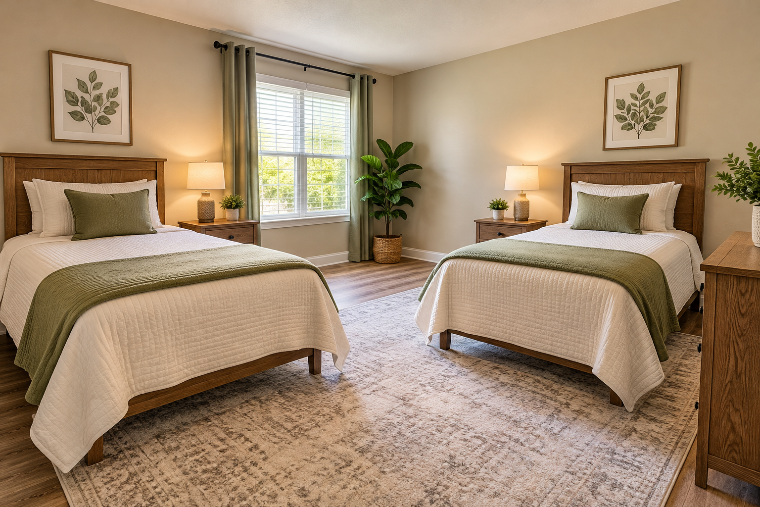 A bedroom with two beds, each with white bedding and green accents, wooden headboards, bedside tables with lamps, wall art with greenery, a window with green curtains, a large potted plant, and a beige patterned rug.