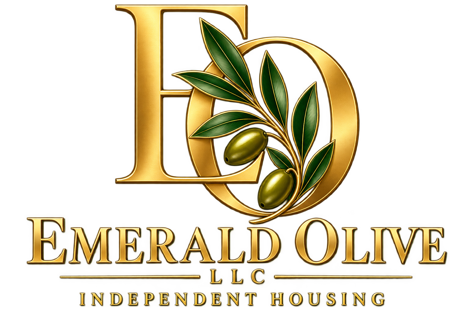 Logo for Emerald Olive LLC featuring a gold letter E and O intertwined with an olive branch and olives, with the text "Emerald Olive LLC Independent Housing" underneath.