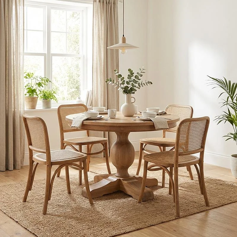 A cozy dining area with a round wooden table set with white dishes and a vase with greenery, surrounded by four cane-backed chairs, near a window with beige curtains and potted plants, on a textured rug.