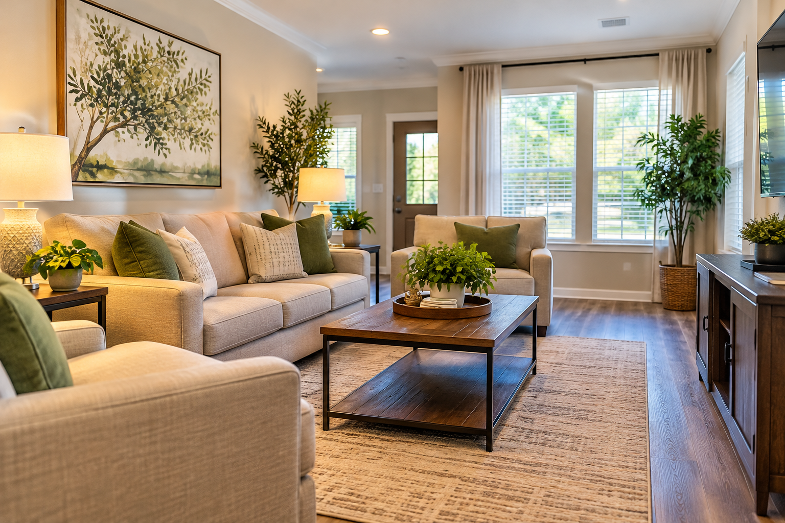 A cozy living room with beige sofas, green cushions, wooden coffee table with greenery, large windows, and potted plants, decorated with a large tree artwork on the wall and warm lighting.
