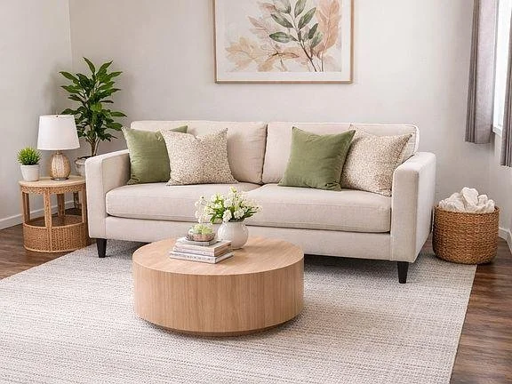 Living room with a white couch, green and beige pillows, a round wooden coffee table with a plant and books, a side table with a lamp and plant, a large framed botanical print on the wall, and a woven basket with white decorative objects, all on a light-colored rug.