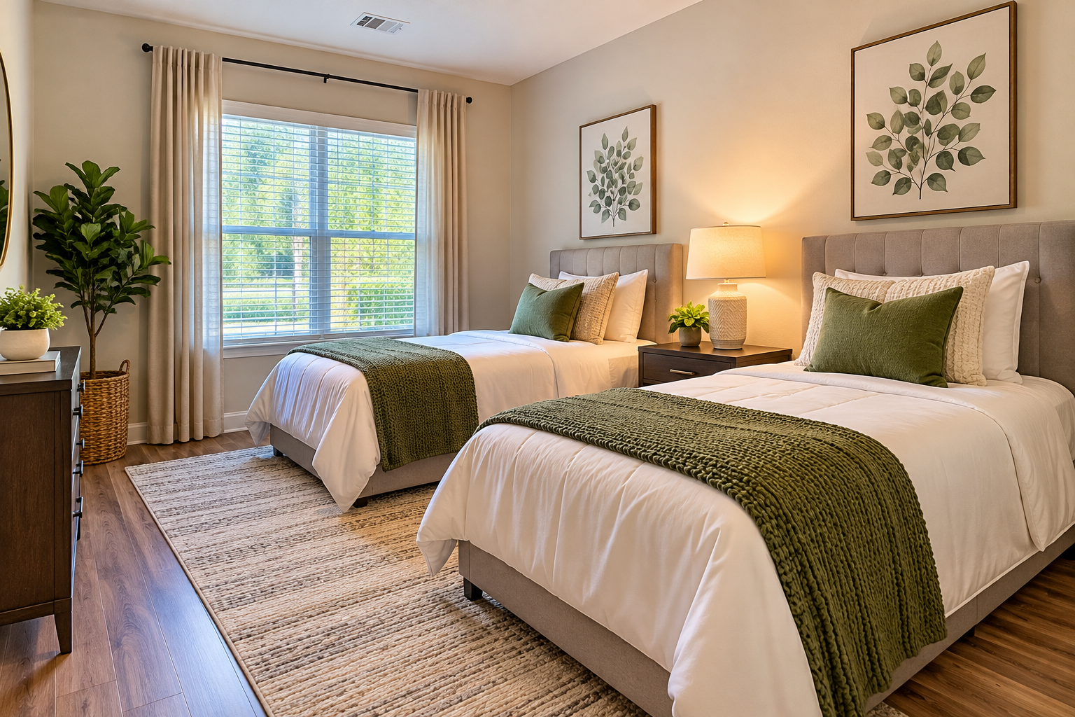 A bedroom with two twin beds featuring green and beige pillows, white bedding, green throws, a dark nightstand with a lamp and small plants, a window with white curtains, framed leaf artwork, a wooden dresser, a potted plant, and a beige rug on wood flooring.