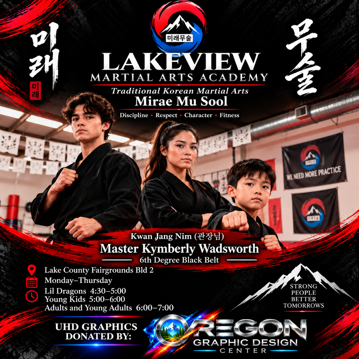 A promotional poster for Lakeview Martial Arts Academy featuring three individuals in black martial arts uniforms posing in a dojo. The poster includes information about classes, instructors, and the location, along with Korean characters and graphics of mountains and a red circle.