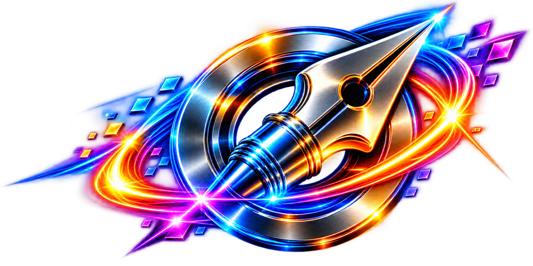 Bright illustration of a metallic fountain pen nib with swirling circular light streaks, and digital accents.