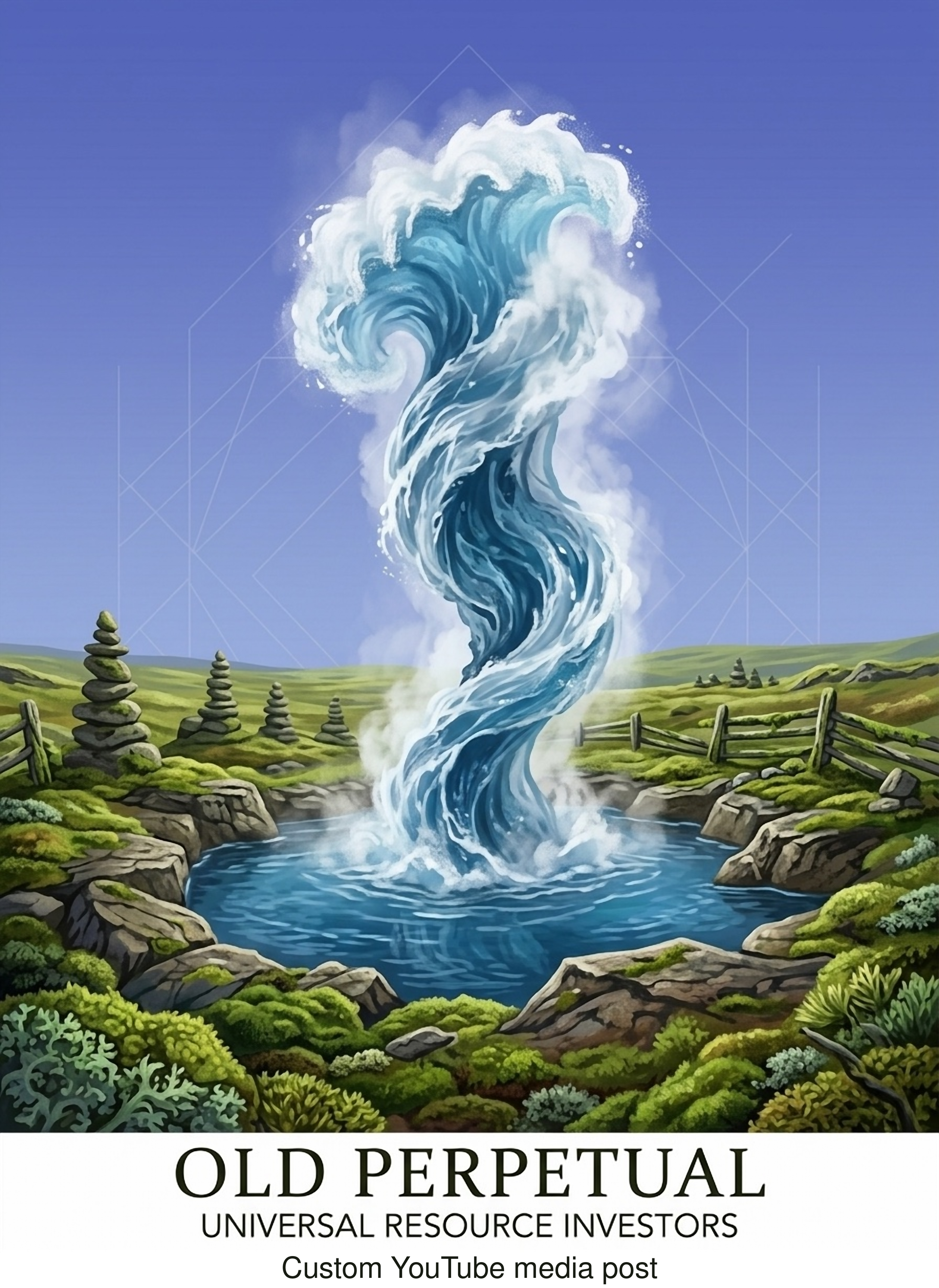 An illustration of a large, powerful ocean wave rising into the sky, with a small pond or lake in the foreground surrounded by rocks and greenery. The background features a deep blue sky with geometric lines. Text at the bottom reads 'OLD PERPETUAL UNIVERSAL RESOURCE INVESTORS' and 'Custom YouTube media post'.